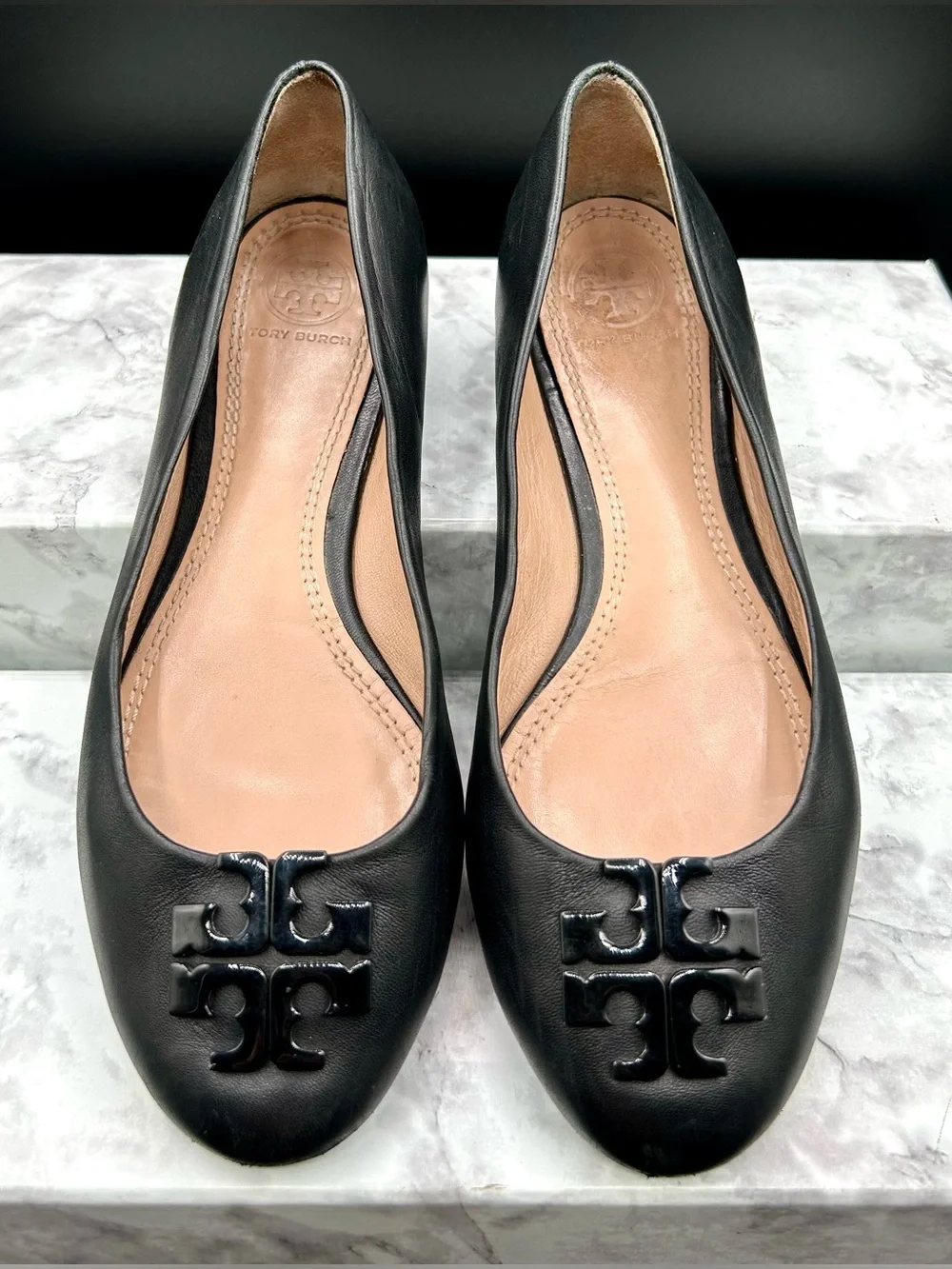 Tory Burch Black Leather Logo Ballet Flats